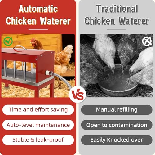 Automatic Chicken Waterer，Stainless Steel Large Chicken Drinker with Float Valve,Multi-Side Drinking Holes and Detachable Legs,Easy Clean Poultry Water Dispenser for Chicken Coop Duck Pigeon,Goose