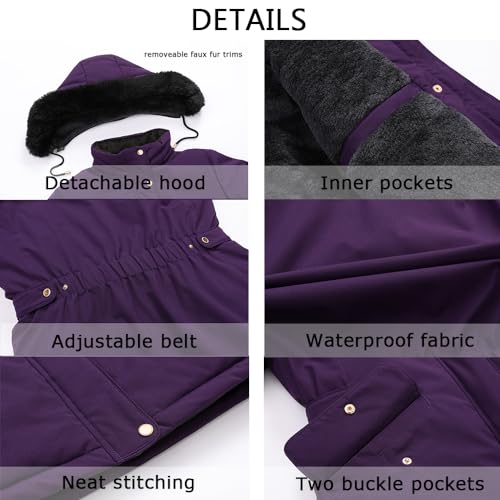 MOERDENG Women's Long Winter Down Coat Thicken Fleece Lined Parka Warm Puffer Jacket With Faux Fur Detachable Hood - color: Purple, size: Medium