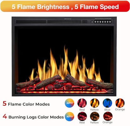 R.W.FLAME 36" Electric Fireplace Insert, Realistic Log Recessed Electric Stove Heater, 4 Color Adjustable Flames, 8 H Timer, 5 Brightness Settings, 750/1500W Touch Screen, Remote Control (37''X27'')