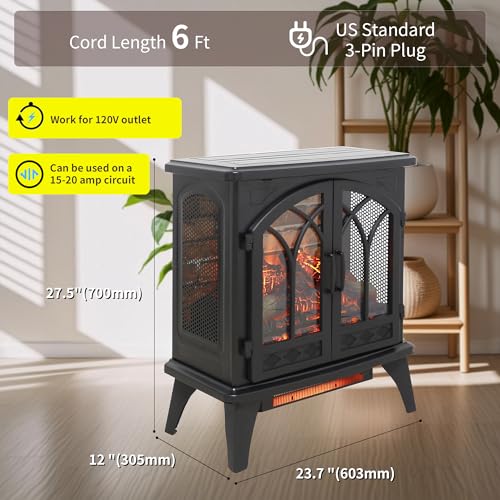 24" Electric Fireplace, Fireplace Heater w/Realistic Flame, Remote, Timer, Freestanding Fireplace w/Adjustable Brightness, Thermostat, Overheating Protection, 1500W, Black - size: 24" (w/Brick Wall Background)