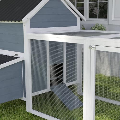 PawHut Extra Large Chicken Coop with 2 Nesting Box, 156" Wooden Hen House Poultry Cage with Extra Long Run Cage, Waterproof Wave Roof, Perches, Swings, for 10-15 Chickens, Rabbits, Ducks, Light Gray