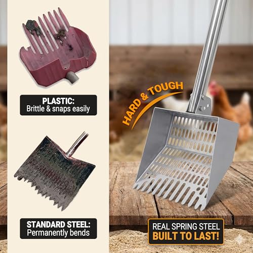 Chicken Poop Scooper Spring Steel Sifting Shovel with 3 Adjustable Angle, 38-66in Extendable Stainless Steel Handle, Professional Poultry Litter Cleaner for Chicken Coop, Duck, Goat & Sand - size: 9" W x 2.5" D