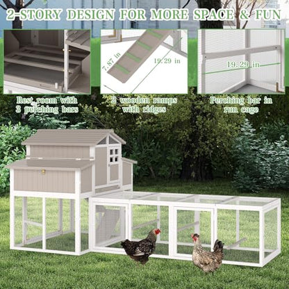 Gowoodhut 115.36"L 2-Story Chicken Coop with Extra Large Run Cage,Chicken House Hen House with 2 Large Nesting Boxes,Expandable Poultry Cage for 4-6 Hens with 6 Perching Bars,Pull-out Tray,Ramps(Grey) - size: PET85+Extra Run Cage-Grey