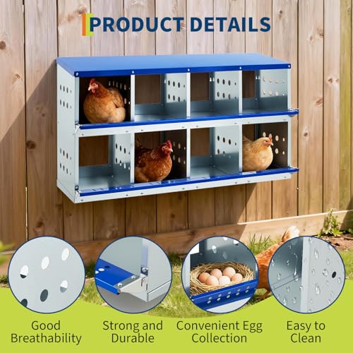 Chicken Nesting Box, 8 Compartment Nesting Boxes for Chickens, Durable Galvanized Steel, Ventilated with Dot Holes, Non-Slip, Wall Mountable Nesting Boxes for Chicken, Partitioned Design, Blue - size: 8 Compartment