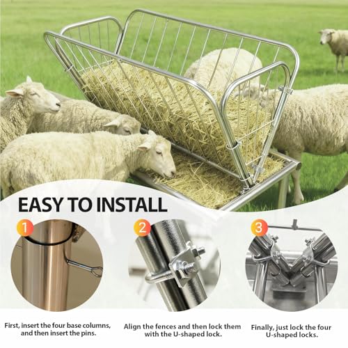 4FT Long Pasture Hay Feeder, 2 in 1 Durable Hay Feeder with Galvanized Steel Frame,Goat Hay Feeder with 6 in Deep Extra Feeding Pan, Livestock Feeder for Goats, Sheep and Horses, Silver - color: Silver
