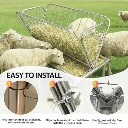 4FT Long Pasture Hay Feeder, 2 in 1 Durable Hay Feeder with Galvanized Steel Frame,Goat Hay Feeder with 6 in Deep Extra Feeding Pan, Livestock Feeder for Goats, Sheep and Horses, Silver - color: Silver