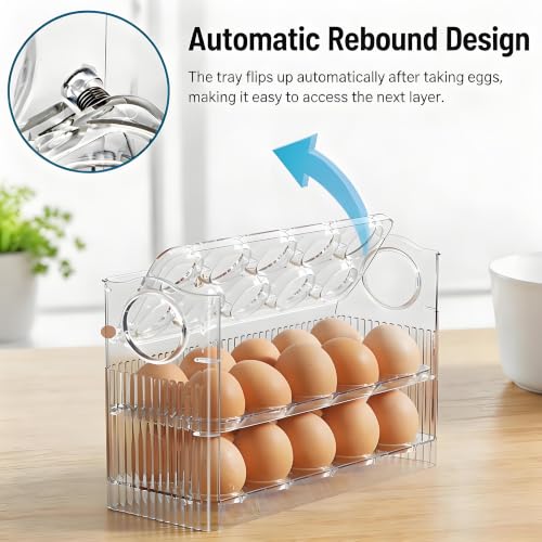 Egg Holder for Fridge, Holds 30 Eggs, 3-Tier Stackable Egg Organizer for Refrigerator with Date Tracker & One-Hand Access, BPA-Free PET Egg Storage Container for Countertop or Fridge, Clear