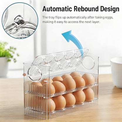 Egg Holder for Fridge, Holds 30 Eggs, 3-Tier Stackable Egg Organizer for Refrigerator with Date Tracker & One-Hand Access, BPA-Free PET Egg Storage Container for Countertop or Fridge, Clear