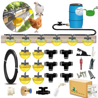 Complete Set Pipeline Automatic Chicken Waterer System, Innovative Quick-Connect Water System with Large Size Water Cups Removable and Washable, 18ft Pipeline and Float Valve (Yellow, 6Cup)