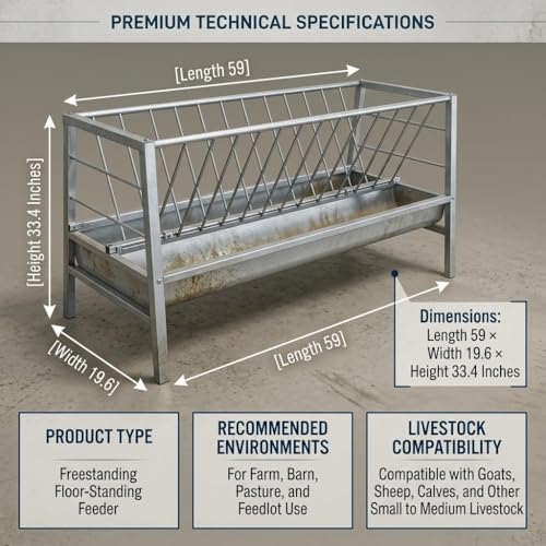 Heavy Duty Feeder Hay for Goat, Sheep and Livestock Animals - Premium Stainless Steel Construction, 87 Gallon Large Capacity, Exact 59 x 33.4 x 19.6in Size for Horses Feeding
