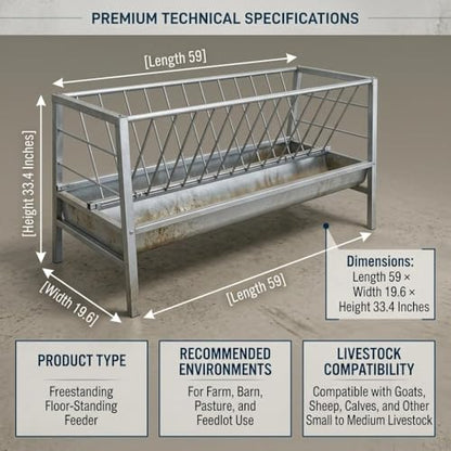 Heavy Duty Feeder Hay for Goat, Sheep and Livestock Animals - Premium Stainless Steel Construction, 87 Gallon Large Capacity, Exact 59 x 33.4 x 19.6in Size for Horses Feeding