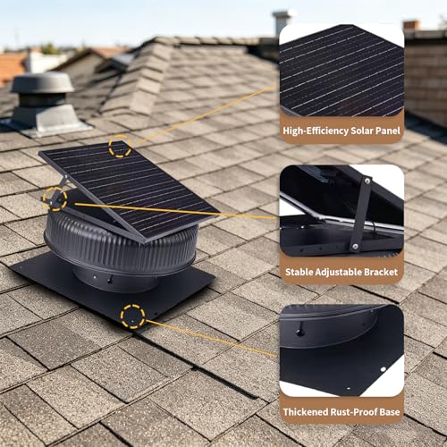 12" Solar Attic Fan, 42W Adjustable Solar Roof Vent Fan | Remote 3 Speed Control, Auto Start Over 25°C, 1200 CFM, MPPT Controller, For Attic, Garage, Warehouse - color: Black+Square 1