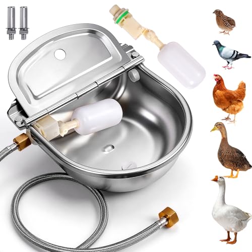 Metal Automatic Chicken Waterer with Float Valve, Stainless Steel Duck Waterer No Mess Outdoor Wall Mounted Chicken Water Dispenser with Hose and Drain Plug for Chicken Coop