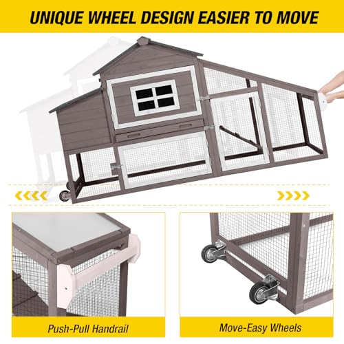 Aivituvin Chicken Coop Outdoor with Wheels, Mobile Hen House Wooden Poultry Cage with Run & Waterproof Roof (Grey with White)