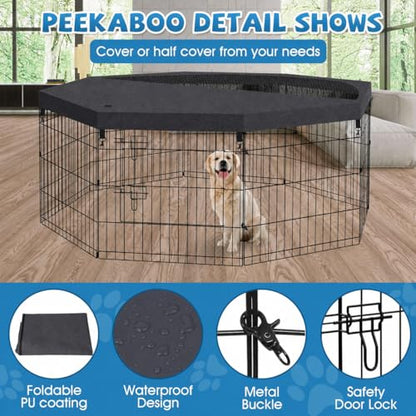 Peekaboo Dog Playpen 24 Inch, 8 Panel Metal Pet Fence with Top Cover | 24 Inch 8 Panel Foldable Metal Dog Playpen with Top Cover, GRS Certified Recycled Material - style: Playpen + top cover
