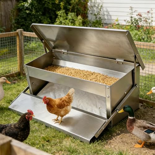 Treadle Feeder for Chickens - Rainproof Trough with Lid,Automatic Treadle Chicken Feeder - for Garden Farm Coop Outdoor Habitat Enclosure Backyard