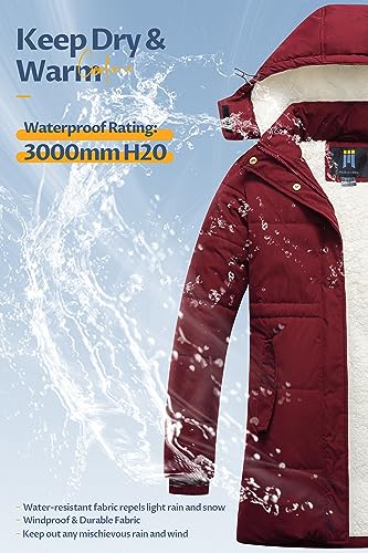 CREATMO US Women's Thicken Sherpa Winter Coat Puffy Warm Snow Jacket With Removable Hood - color: Burgundy, size: Small