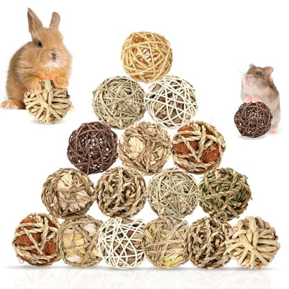 Bunny Chew Grass Balls, Rolling Chew Toys for Small Animals, Improving Dental Health, Natural Chew Grass Toys for Rabbits, Guinea Pigs, Chinchillas, Hamsters, Mice (16 Pcs) - size: Rabbit balls-16P