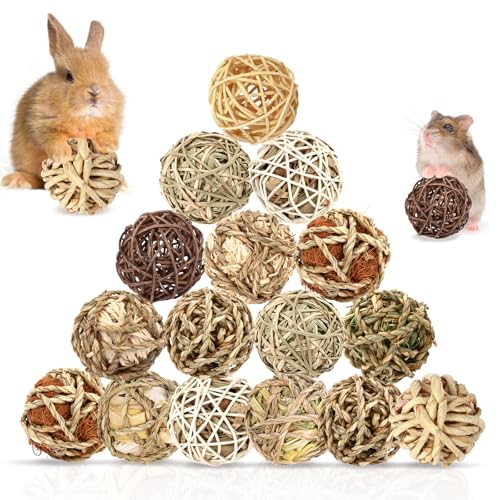 Bunny Chew Grass Balls, Rolling Chew Toys for Small Animals, Improving Dental Health, Natural Chew Grass Toys for Rabbits, Guinea Pigs, Chinchillas, Hamsters, Mice (16 Pcs) - size: Rabbit balls-16P