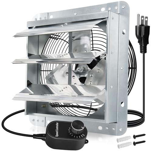 Hiorucet 14 Inch Shutter Exhaust Fan Wall Mounted, High Performance Low Noise Garage Louvered Exhaust Fan with Speed Controller and Power Cord Kit for Greenhouse, Shop, Attics, Chicken Coop, Basement. - color: With Speed Controller & Power Cord Kit, size: