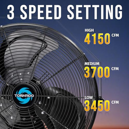 Tornado 18" Outdoor IPX4 Rated Water-Resistant Metal Industrial Wall Mount Fan, 3 Speed High Velocity Wall Fan For Commercial, Industrial, Residential Use, 4150 CFM 6.6 FT Cord 180°Tilting, Black - size: 18 Inch