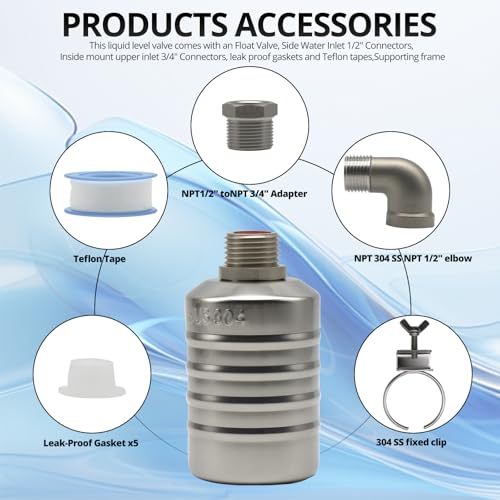 HXH 1 Pack NPT 304 Stainless Steel 1/2" to 3/4'' Water Float Valve Kit | Auto Shut off Water Level Control Float Valve, Fully Automatic water shut off valve for Pool, Livestock Troughs.