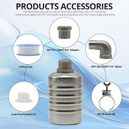HXH 1 Pack NPT 304 Stainless Steel 1/2" to 3/4'' Water Float Valve Kit | Auto Shut off Water Level Control Float Valve, Fully Automatic water shut off valve for Pool, Livestock Troughs.