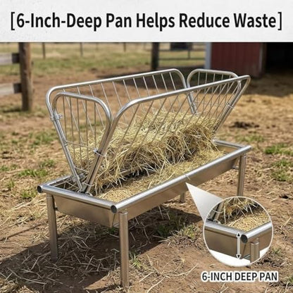 Heavy Duty Hay Feeder for Goats and Horses, 4 FT Galvanized Steel Livestock Feeder with Deep Grain Feeding Pan, Durable Outdoor Pasture Hay Rack for Sheep, Cows and Farm Homestead