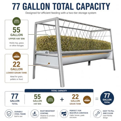 59"×33.5"×19.7" 77 Gallon Dual Zone Pasture Feeder, Galvanized Steel Hay & Concentrate Feeder, Anti-Tread Grid & Leak-Proof Trough, for Goats, Sheep, Cattle in Small & Large Farms