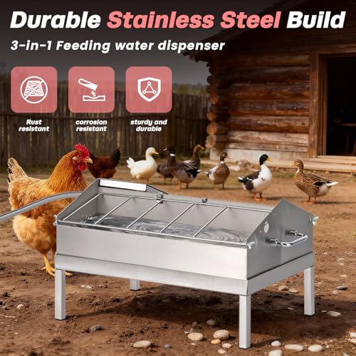 2 in 1 Automatic Chicken Waterer and Feeder, Stainless Steel Chicken Water Feeder with Float Valve Auto Fill Poultry Water Dispenser Poultry Watering Systerm for Duck Turkey Quail Pigeon