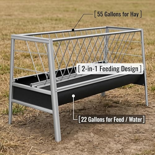 Stainless Steel Goat Feeder,2-in-1 Hay Feeder for Goats Sheep Calves Horses and Pastures, Anti-Waste Goat Feeder with Rubber Trough Livestock Feeder