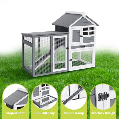 2-Story Rabbit Hutch, Small Wooden Chicken Coop, with Waterproof Roof, Pull Out Tray and Anti-Slip Ramp, Bunny Cage for Indoor Outdoor (45.28" L x 20.08" W x 36.61" H)