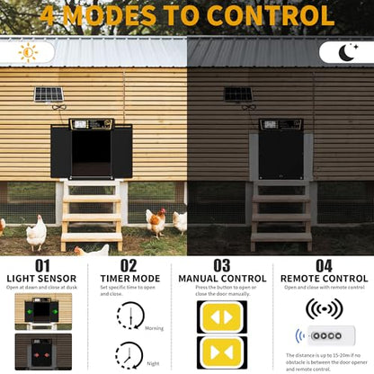 Large Automatic Chicken Coop Door Solar Powered, Charge with 7W Solar Panel Auto Chicken Door, Aluminum Electric Poultry Door with Time & Light Sensor, Remote Control