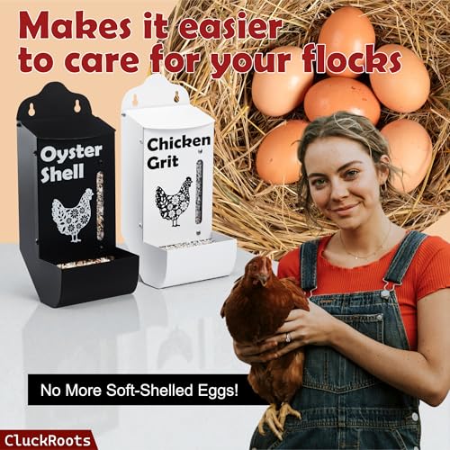 CluckRoots Chicken Grit and Oyster Shell Feeder Combo, No-Spill Weatherproof Heavy-Duty Design, Lift-Off Wall-Mounted Metal Dispenser w/View Window, Chicken Coop Accessories Gifts for Lovers Women - color: Combo-Black/White