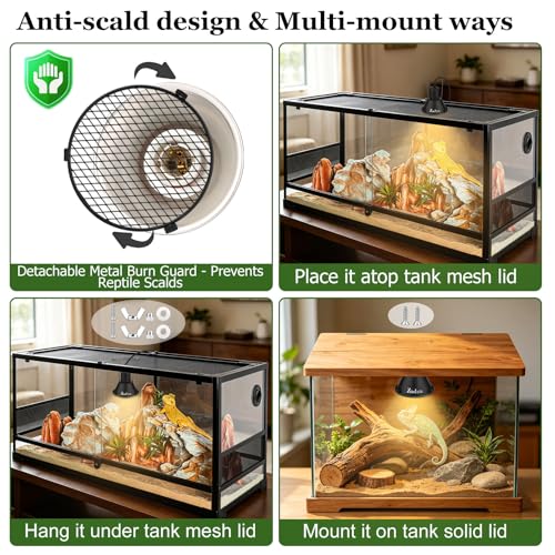 5-in-1 Reptile Heat Lamp Fixture Anti-Scald Guard 4.7 Inch Hanging Dome Light Fixture with Timer & 2 Pack 50W Halogen Basking Bulb for Bearded Dragon, Gecko, Turtle, Chameleon