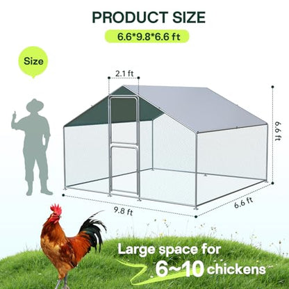 Large Metal Chicken Coop with Run, Walkin Poultry Cage for 10 Chickens with Full-coverage PE Roof, Waterproof & Anti-UV Cover, Double Lockable Doors, Outdoor Hen/Duck/Rabbit House (9.8 x 6.6 x 6.6 FT) - size: 118.1"L x 78.7"W x 78.7"H