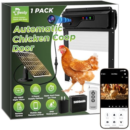 WiFi Automatic Chicken Coop Door, 13" x 9" with App & Remote Control, 1080P HD Camera, 5000mAh Battery, Timer, Anti-Pinch Protection & Security Alarm, Solar Powered or USB Charging