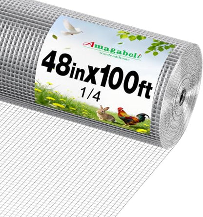 Amagabeli Galvanized Hardware Cloth 1/4 inch 48 x 100ft 23 Gauge Chicken Wire Fence Weld Wire Mesh Roll Garden Fencing Plant Supports Poultry Netting Snake Fence Gopher Wire Rabbit cage Tree Guard - size: 1/4" 48"x100'