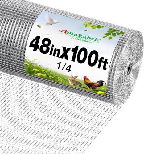 Amagabeli Galvanized Hardware Cloth 1/4 inch 48 x 100ft 23 Gauge Chicken Wire Fence Weld Wire Mesh Roll Garden Fencing Plant Supports Poultry Netting Snake Fence Gopher Wire Rabbit cage Tree Guard - size: 1/4" 48"x100'