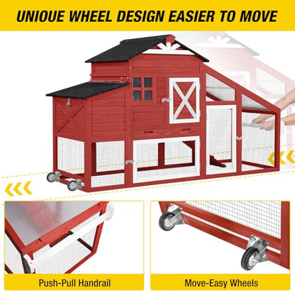Aivituvin Chicken Coop Mobile Chicken House on Wheels Expandable Wooden Poultry Cage with Large Nesting Box Leakproof Pull-Out Tray Rabbit Hutch Bunny Cage,UV-Resistant Roof - size: Red 73.38"L x 27.9"W x 43.2"H