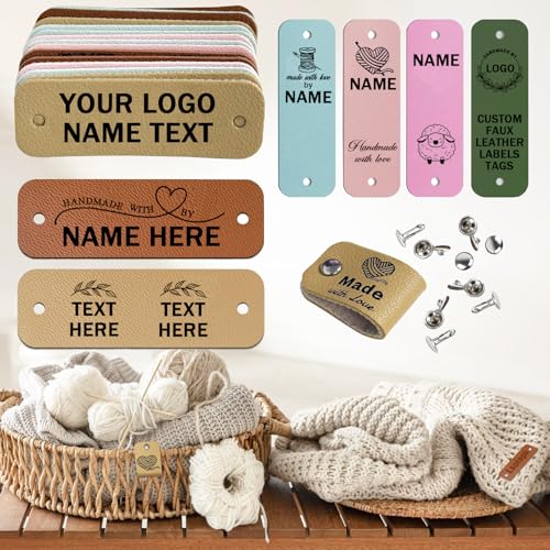 Customized Faux Leather Tags, Personalized Tags Labels for Knitting Crochet, Knitting Label with Rivets, Handmade with Love Label for Hats Beanies Scarves & More (2.36 x 0.75 inches) - size: 2.36 x 0.75 inches