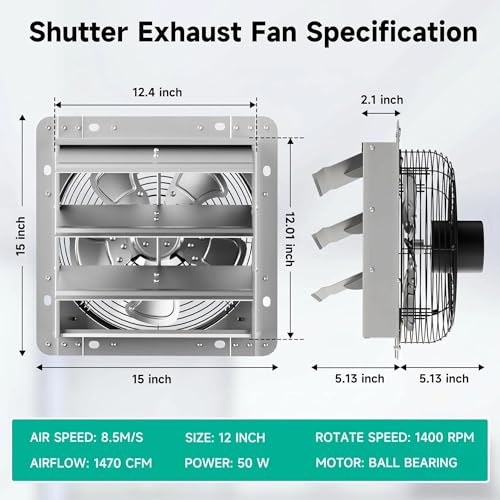 12" Shutter Exhaust Fan - Heavy Duty AC Motor, 1470 CFM Airflow | Industrial AC roller motor fan for 24/7 use. Heavy-duty steel blades. Rust-resistant. Independent power switch. 10-year life. - size: 12in