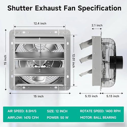 12" Shutter Exhaust Fan - Heavy Duty AC Motor, 1470 CFM Airflow | Industrial AC roller motor fan for 24/7 use. Heavy-duty steel blades. Rust-resistant. Independent power switch. 10-year life. - size: 12in