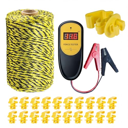 MorningRo 656ft Electric Fence Wire Kit with Digital Voltage Tester 13kv, 3.0mm Polywire and 20 Insulators for Livestock Pasture Repair, Fault Check, Temporary Fencing Setup