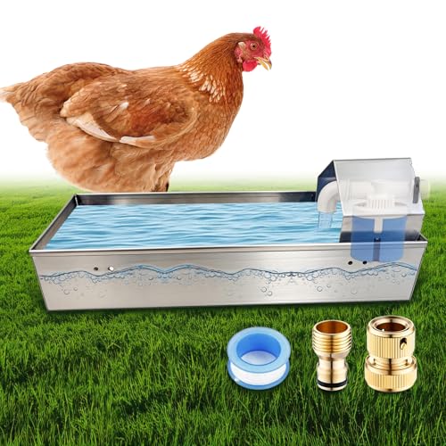 Automatic Chicken Waterer Dispenser Stainless Steel Poultry Waterer Dispenser with Float Valve Kit and Drain Hole Hanging Chicken Watering System for Hen Pigeon Duck Goose Turkeys