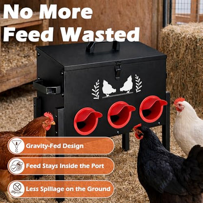 30 LB Large Automatic Chicken Feeder, No Waste Metal Poultry Feeder with 8 Ports, Weatherproof Outdoor Dispenser with Adjustable Legs & Locking Lid for Backyard Chickens, Black