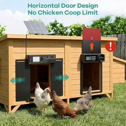 7W Solar Powered Large Automatic Chicken Coop Door, 4Modes Aluminum Horizontally Dual-Door Design with Timer & Light Sensor, Auto Chicken Door with Remote Control, Excellent Anti-Pinch