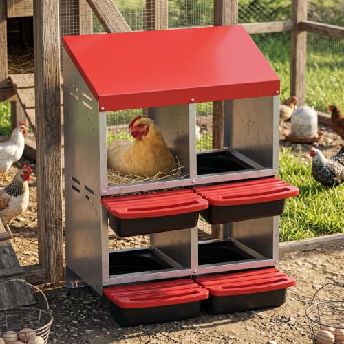 Garvee 4-Hole Roll Away Egg Collection Chicken Nesting Box, Galvanized Steel Nest Box for Laying Eggs - color: Red, size: 4 holes & 2-tier