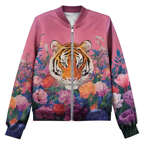 Vintage Fall/Winter Casual Animal Print Graphic Coat Women's Basic Crew Neck Long Sleeve Fashion Bomber Jacket - color: Tiger Pink, size: Large