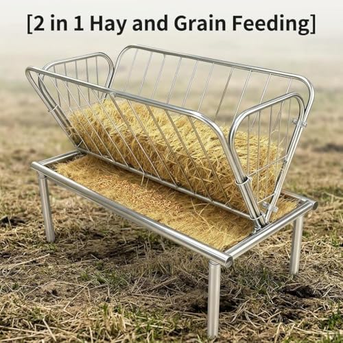 Galvanized Steel Hay Feeder, 2 in 1 Outdoor Livestock Feeder with Extra Wide Feed Pan, Durable Pasture Feeder for Goats Sheep Horses Calves Cows Ponies